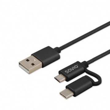 Kabel USB 2.0 Savio CL-128 USB A (M) - Micro USB B (M) / typ C (M) 2w1, 2,1A, 1m, czarny Kabel USB 2.0 Savio CL-128 USB A (M) - Micro USB B (M) / typ C (M) 2w1, 2,1A, 1m, czarny