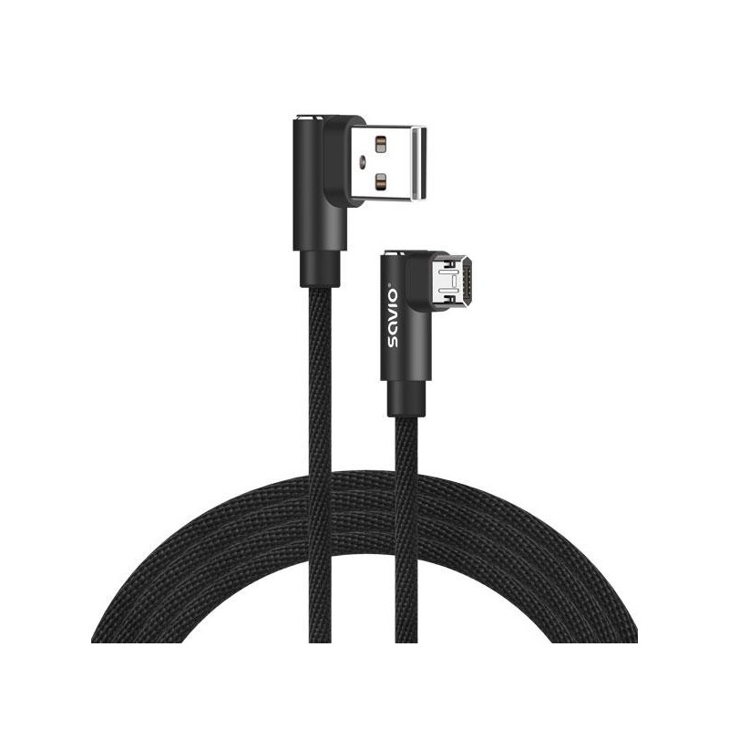 Kabel USB SAVIO CL-161, USB A (M) - Micro USB (M), 1m, kątowy, dwustronny, oplot nylonowy