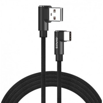 Kabel USB SAVIO CL-163 USB A (M) - USB typ C (M), 1m, kątowy, dwustronny, oplot nylonowy Kabel USB SAVIO CL-163 USB A (M) - USB typ C (M), 1m, kątowy, dwustronny, oplot nylonowy